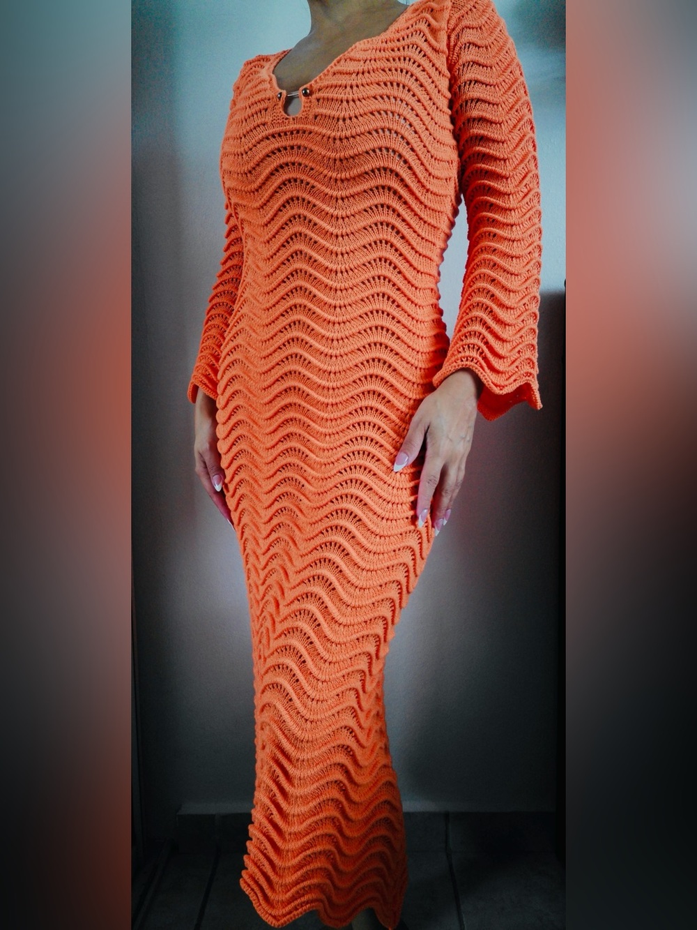 Women’s Long-Sleeve Crochet Maxi Dress in Bright Orange